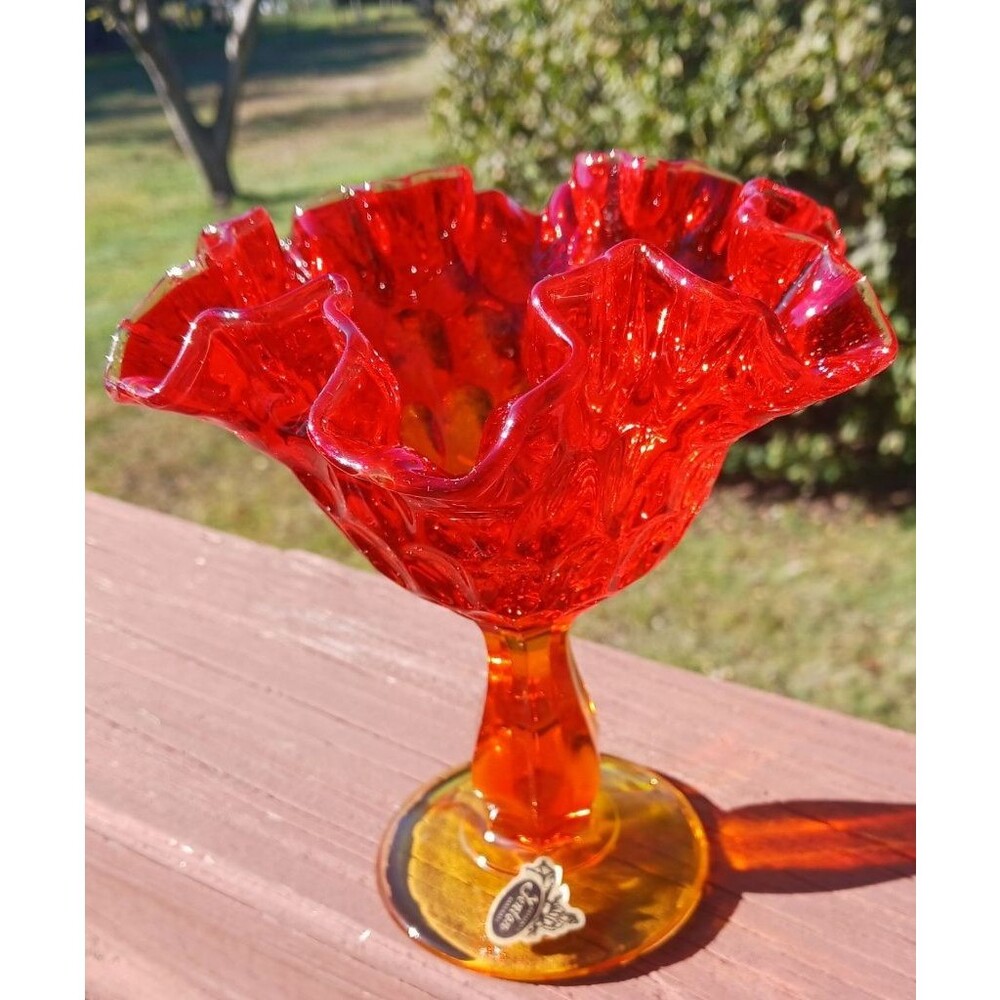 Vtg Fenton Fiery Amberina Ruffled Thumbprint Pedestal Compote Candy Dish Tagged